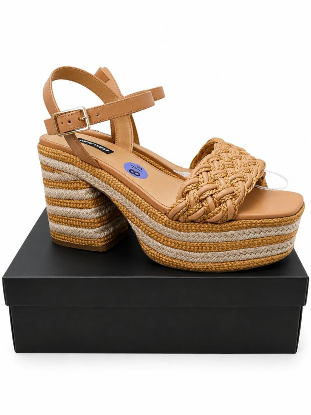Nine West Same Tan Braided Platform Espadrille Block Heel Sandals 8.5M - Picture 2 of 7